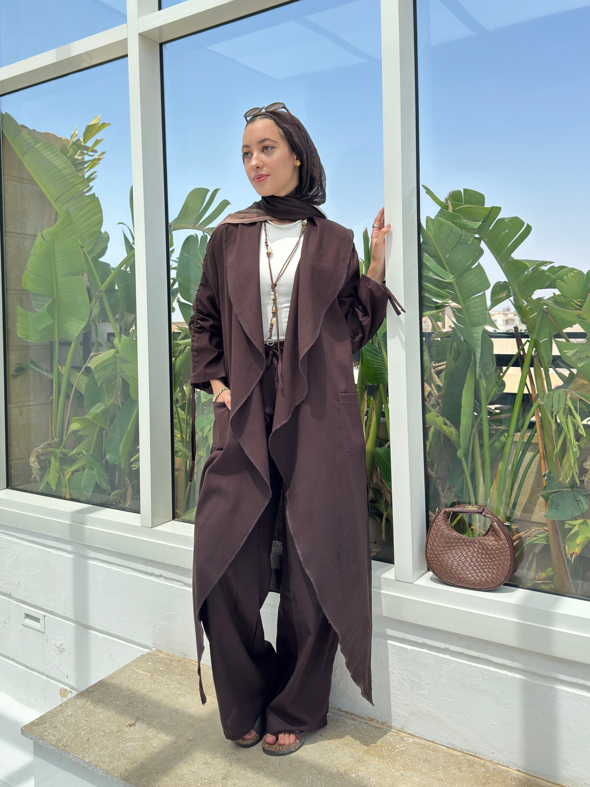 Cuffed Long Cardigan - Brown
