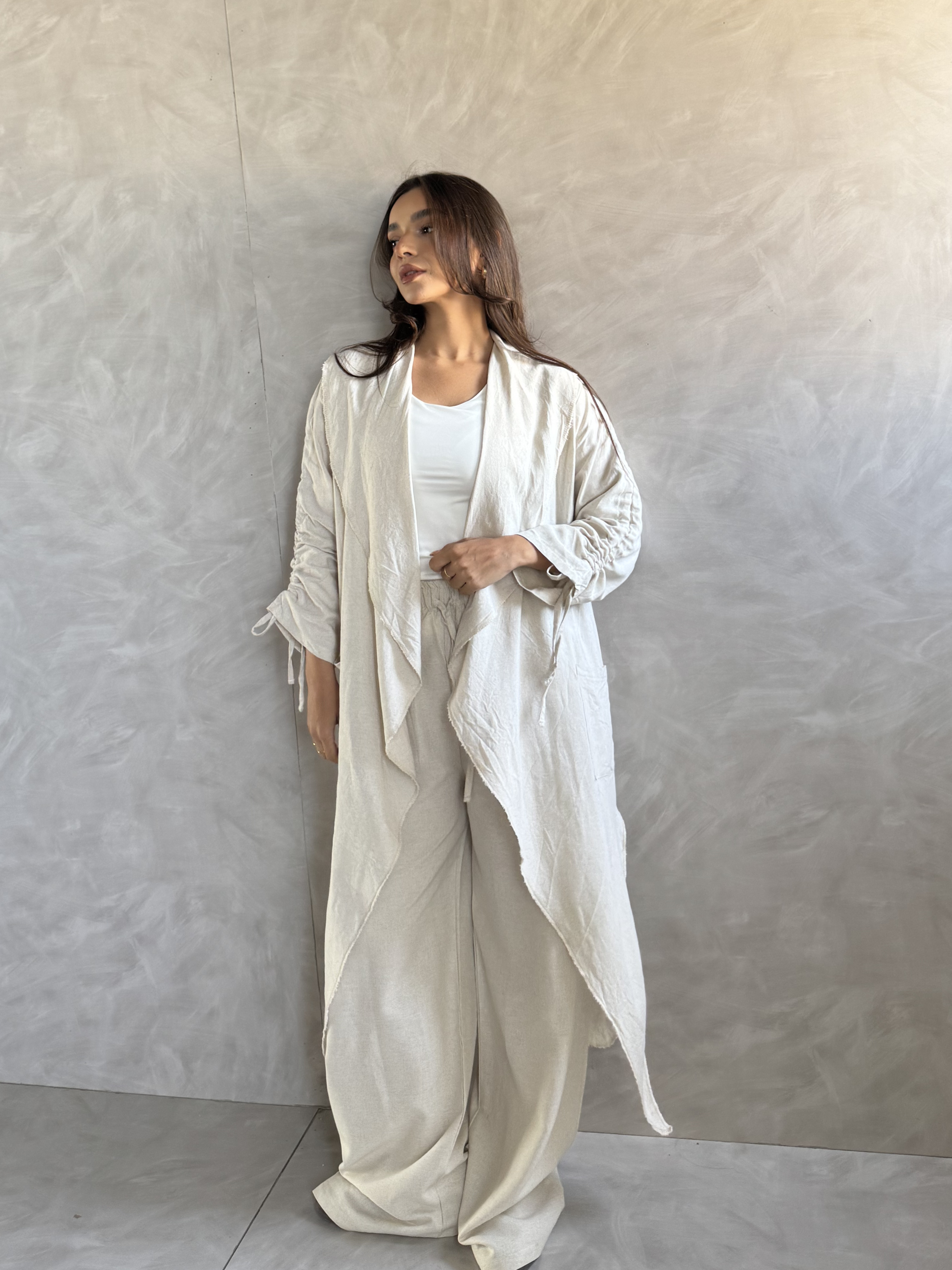 Cuffed Long Cardigan - Beige