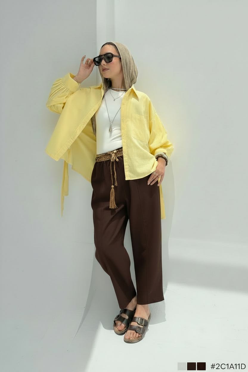 A woman posing in a bright yellow oversized button-up shirt, dark brown wide-leg trousers, a white t-shirt, and sunglasses against a minimalist white studio background.
