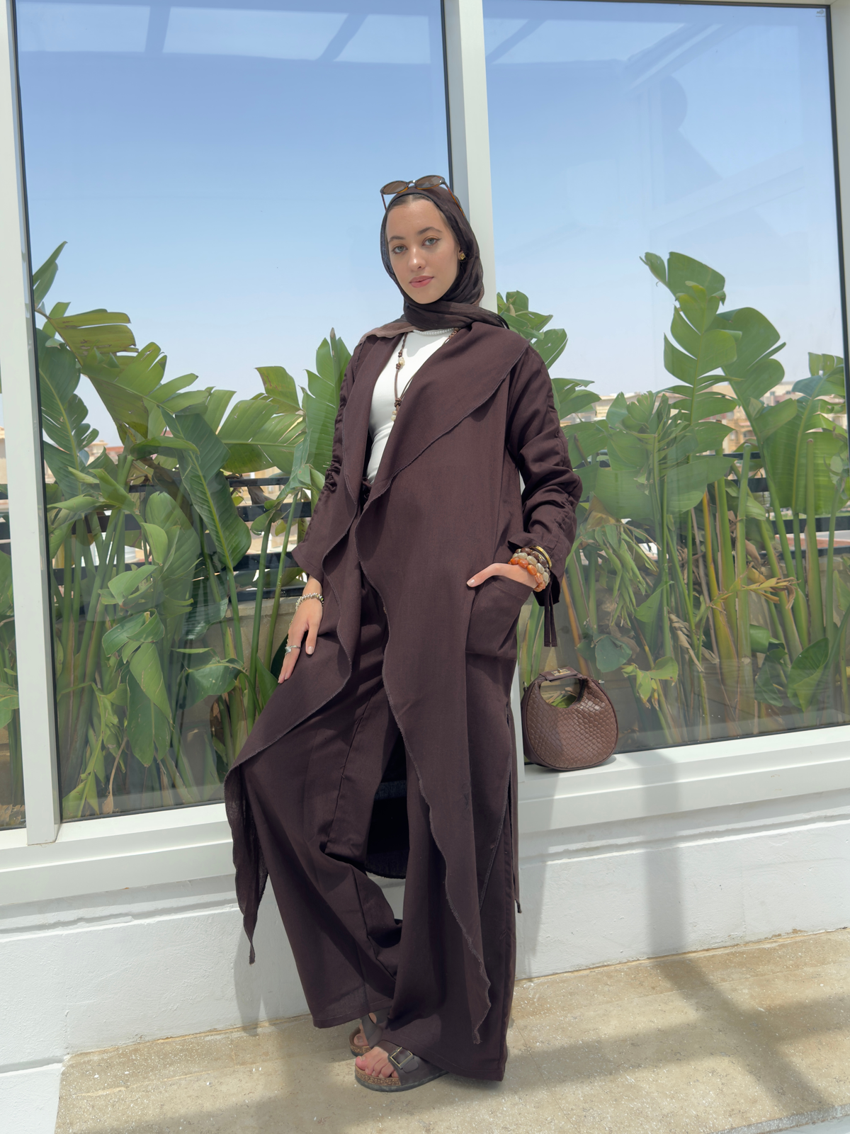 Cuffed Long Cardigan - Brown